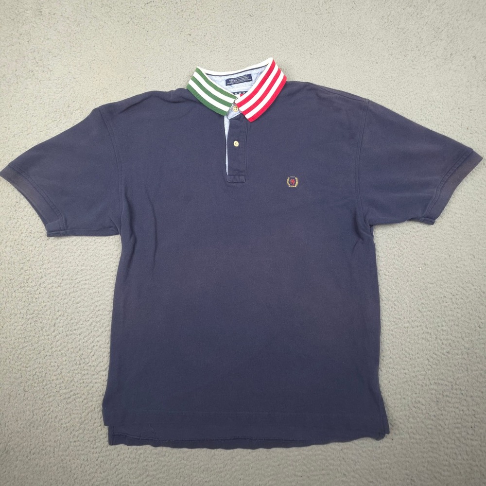 Vintage Tommy Hilfiger Men Polo Shirt Medium Navy Blue Striped Collar Crest Logo